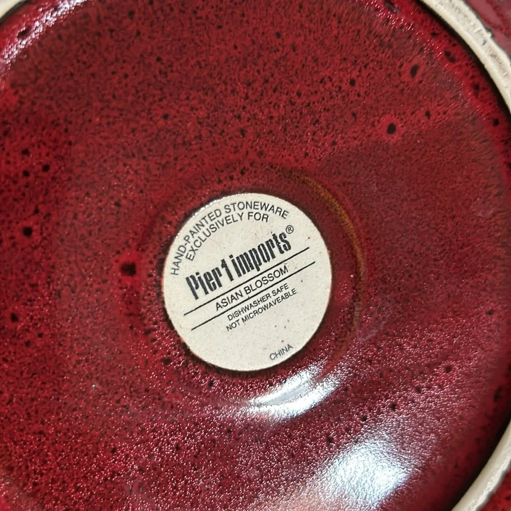 Burgundy Red ASIAN BLOSSOM Round STONEWARE SERVING BOWL